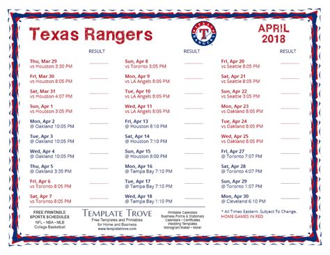 Texas Rangers Schedule Printable